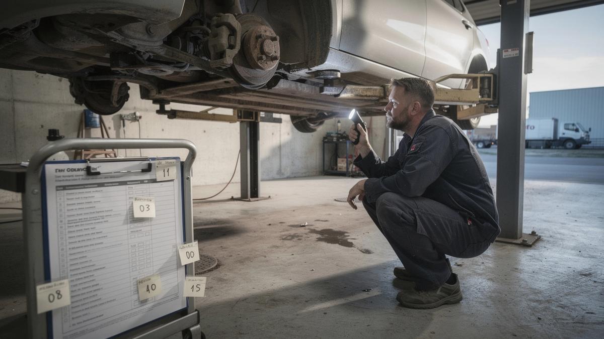 Inspector under a raised hatchback on a lift, photographing the rear subframe and brake lines